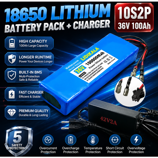 36V 100000mAh Lithium-Akku mit integriertem Smart-BMS für E-Bike, Roller, RC-Auto
