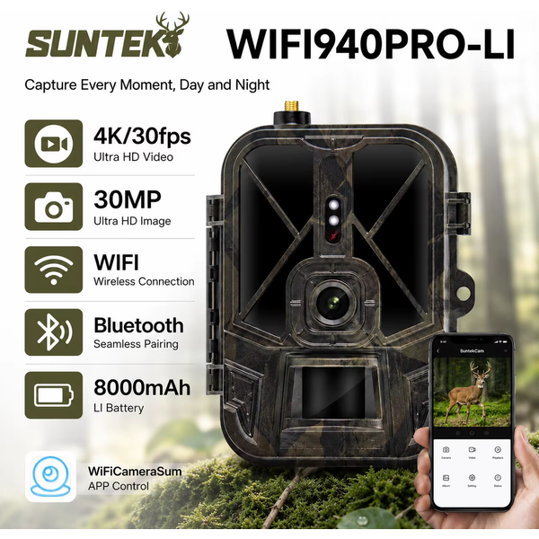 Caméra de chasse avec diffusion en direct, vidéo 4K, 30MP, WiFi, application, sans réseau 4G, avec batterie Li-ion 8000mAh, vision nocturne WiFi940PROLI