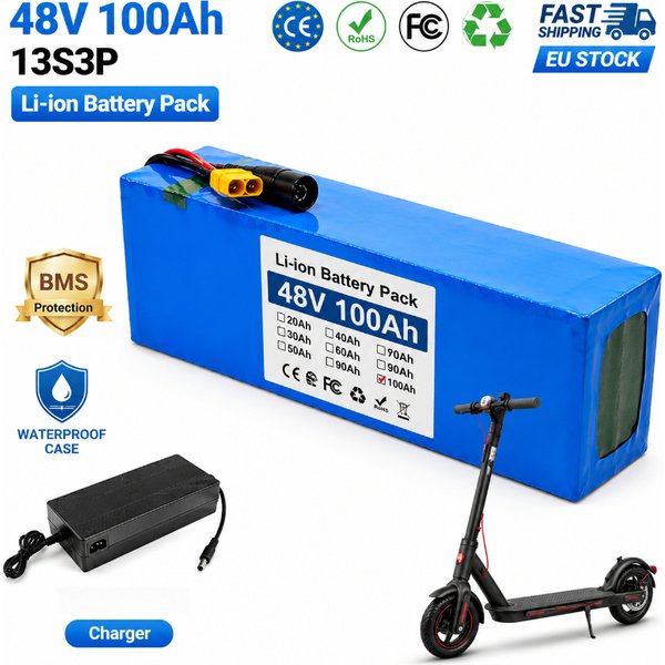 48V 100Ah Li-Ionen-Akku 13S3P 2000W Elektroroller-Akkupack mit Smart BMS 54,6V Ladegerät EU-Lagerbestand 3-7 Tage Lieferzeit