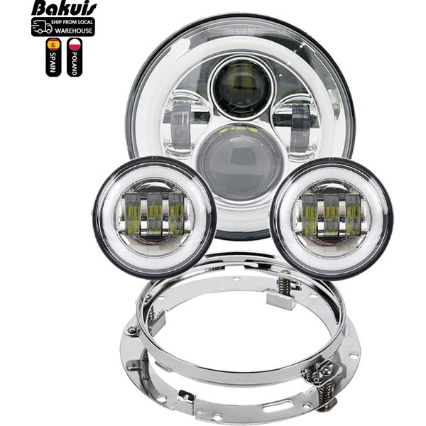 Motorcycle 7 inch Moto LED Headlight for Harley Bike with 4-1/2'4.5' LED Passing Lamps Fog Lights & 7' Bracket Mounting Ring