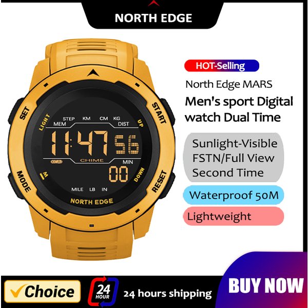 NORTH EDGE Herren-Smartwatch, Damen-Sportuhr, Dualzeit, Laufen, Schrittzähler, Countdown, wasserdicht, 50 m, digitaler Alarm, Militäruhr