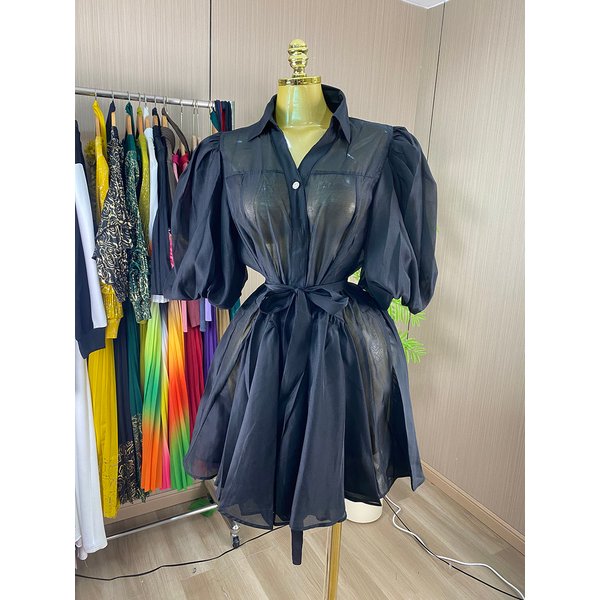Nouvelle arrivée de style vintage : mini-robe en mousseline à manches bouffantes et à simple boutonnage, ample, élégante et décontractée. - GZXX442
