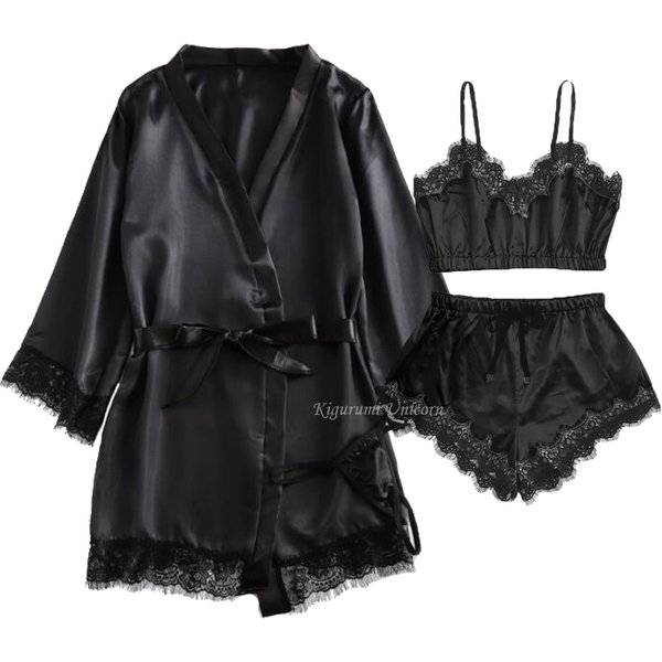 Schwarz Sexy Damen Pyjama Satin 4-teilig Spitze Seide Hosenträger Tops Shorts Robe Pyjama Set Nachthemd Unterwäsche Nachthemd Anzug
