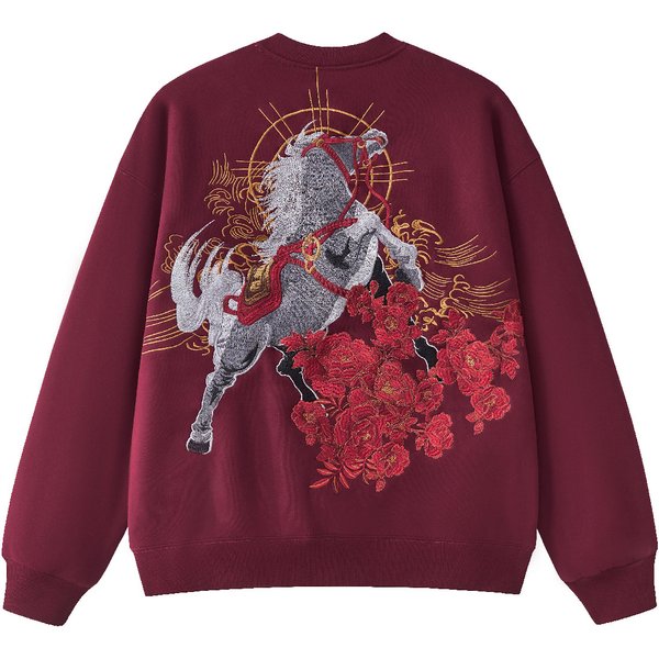 2026 Pull de couple de luxe brodé style hip-hop chinois, motif Année du Cheval, marque de streetwear Shinjuku.
