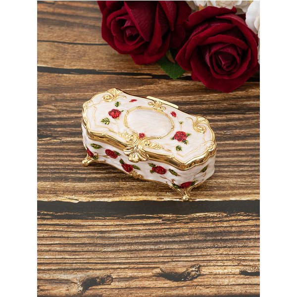 Metal Creative European Vintage Jewelry Box Small Gold White Red FloweHand-Painted High-End Rose Jewelry Storage Box Cotton Swab