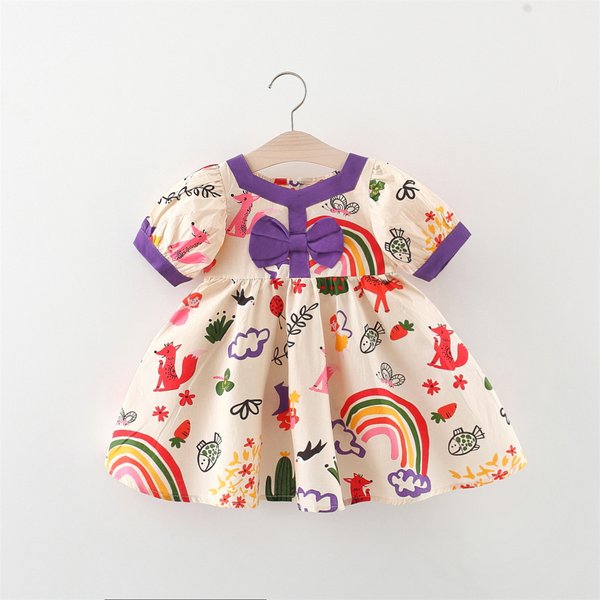 Robe d'été pour filles de 0 à 3 ans, décoration de nœud imprimé Animal arc-en-ciel de dessin animé, jupe ample à manches courtes