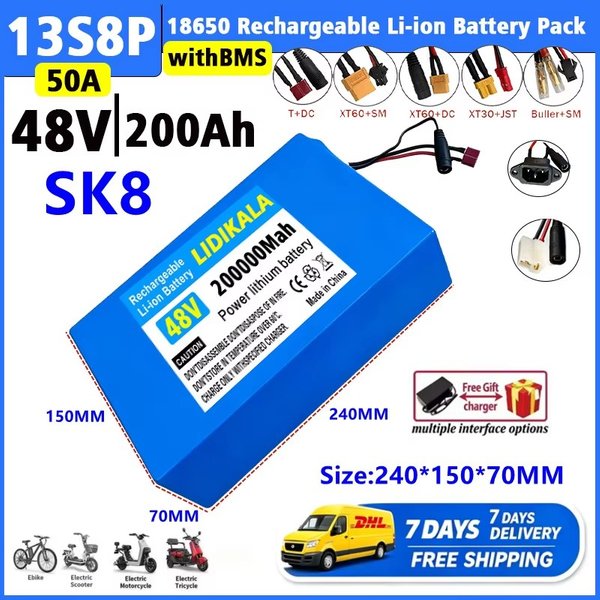 Neue 13S8P 48V 200Ah Lithium-Batterie mit großer Kapazität, 2000W, für Citycoco-Roller, Ersatzbatterie mit integriertem, stabilem 50A-BMS-Schutzschaltkreis (inklusive Ladegerät).