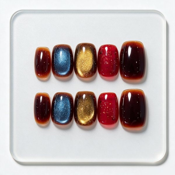 10 Stück Bernsteinbraune Farbverlauf Handgemachte Aufklebenägel Blau-Gold Katzenauge Glitzer Rot Funkelnde Künstliche Nägel Kurze Quadratische Falsche Nägel