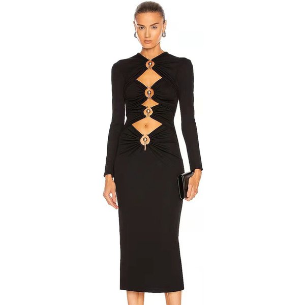 Waist Hollow Out Midi Bandage Women Summer Black Long Sleeve Bodycon Elegant Metal Sexy Club Evening Celebrity Party Dresses
