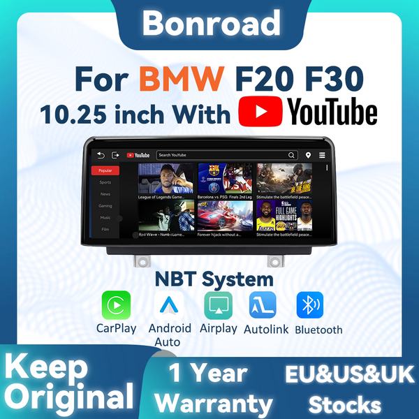 BONROAD 10,25 Zoll Wireless CarPlay Android Auto Airplay Autolink Mirroring Linux Autoradio mit YouTube für BMW 1er F20 F22 F23 3er F30 F31 F32 F33 F34 F36 GPS-Navigation Multimedia-Autoradio mit