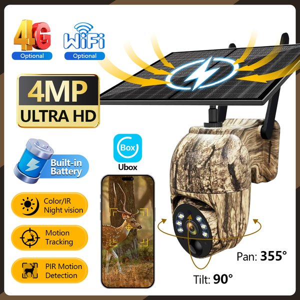 IP66 Wifi oder 4G SIM Solarkamera 4MP Sicherheitskameras Wireless Outdoor 2K Nachtsicht Tierverfolgung Ubox App Remote