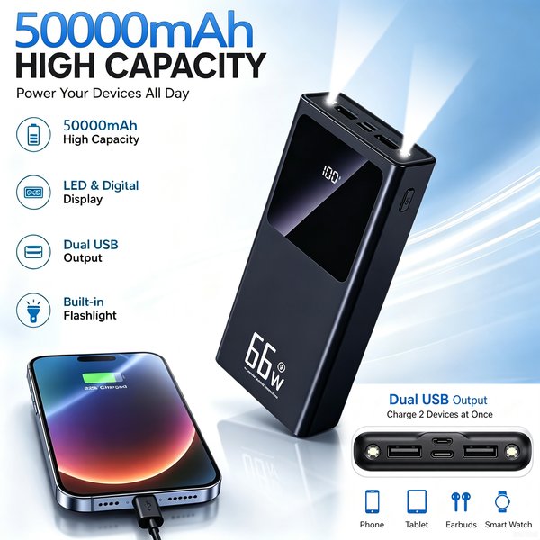 50000mAh/66W Hochleistungs-Powerbank, unterstützt bidirektionales schnelles Laden, mit intelligenter LED-Leistungsanzeige und integrierter Beleuchtung, Dual-Ein-/Ausgangsschnittstelle, kompakt und