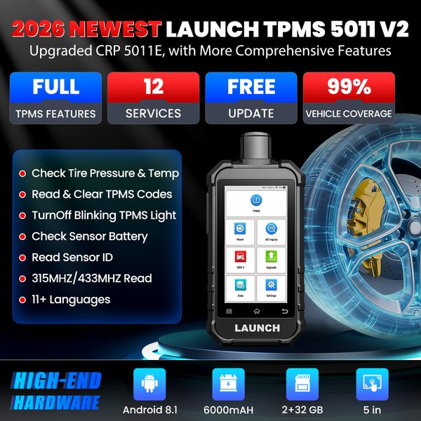 LAUNCH Creader TPMS 5011E V2 – Professionelles TPMS-Diagnosegerät für Fahrzeuge (315/433 MHz): Sensorprogrammierung, Aktivierung, Anlernen, 12 Service-Reset-Funktionen, OBD-Scanner (deutsche Version)
