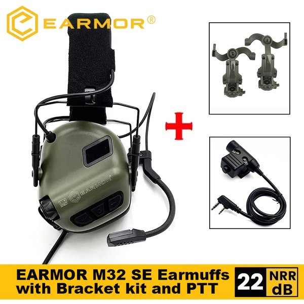 EARMOR M32 SE Shooting Earmuffs Tactical Noise Reduction Headset with Helmet ARC Rail Adapter with Kenwood PTT Adapter New