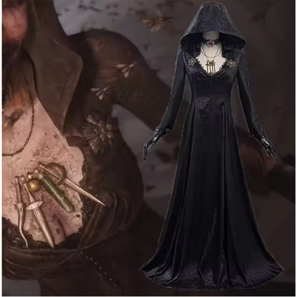 Mittelalterliches Kostüm Tochter der Dame Dimitrescu Cosplay Kostüm Gothic Langes Kleid mit Kapuze Vampir Bella Cassandra Halloween Kleid
