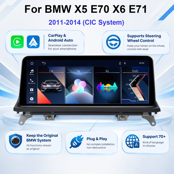 5.0 Bluetooth-Autoradio mit zentraler Steuerung, 10,25-Zoll-Touchscreen-Display, Linux-System, CIC, kabelloses CarPlay, Android Auto, Auto-Multimedia-DVD-Player-Display, passend für BMW X5 E70 X6 E71