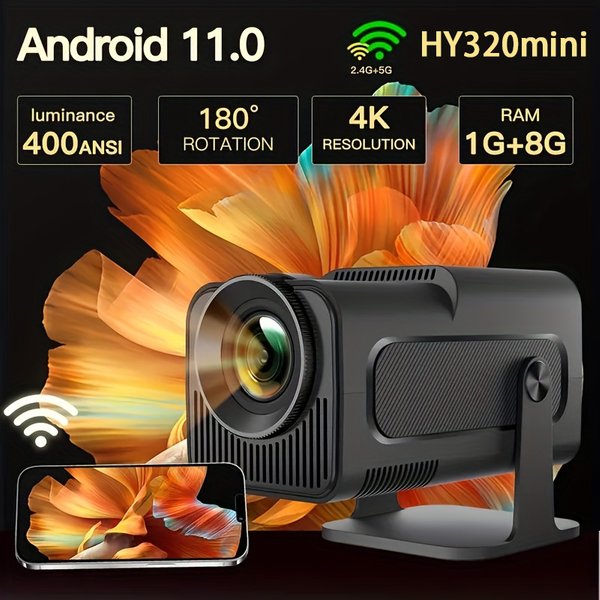 HY320 Mini Neu Nativer 720P Android 11 4K Projektor 300ANSI Wifi6 BT5.0 Kino Outdoor Tragbar 180 ° Drehbarer Projektor
