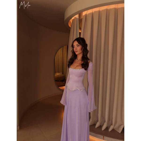 Mila Custom Lavendel Quadratischer Ausschnitt Perlenbesetztes, ausgestelltes, langärmliges Chiffon-Abschlussballkleid, Abendkleid, formelles Abschlussballkleid, Homecoming-Kleid