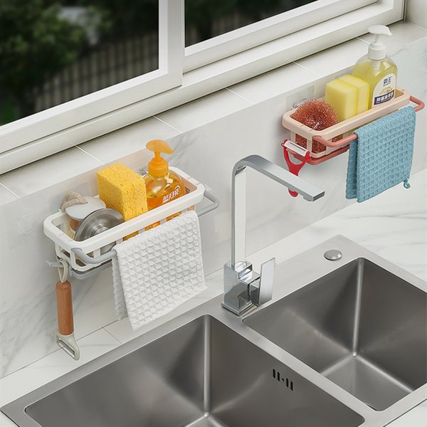 Porte-éponge d'évier de cuisine, égouttoir à vaisselle sans poinçon, étagère de rangement, étagères de salle de bains, support suspendu, organisateur d'accessoires