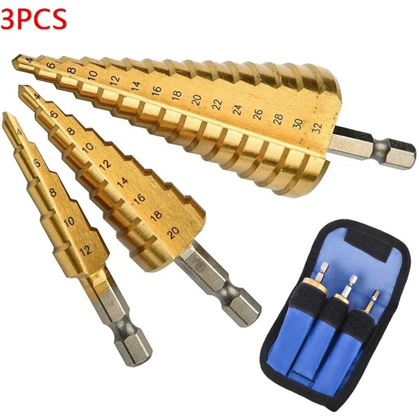 Straight Groove Step Drill Bit HSS Titanium Coated Wood Metal Hole Cutter Core Drilling Tools Set 4 Models 3-12 4-12 4-20 4-32