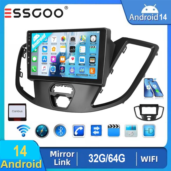 ESSGOO 9 "pour Ford Transit 2015-2019 Android 14 autoradio GPS Navi sans fil CarPlay Android Auto BT FM SWC RDS lien miroir WIFI