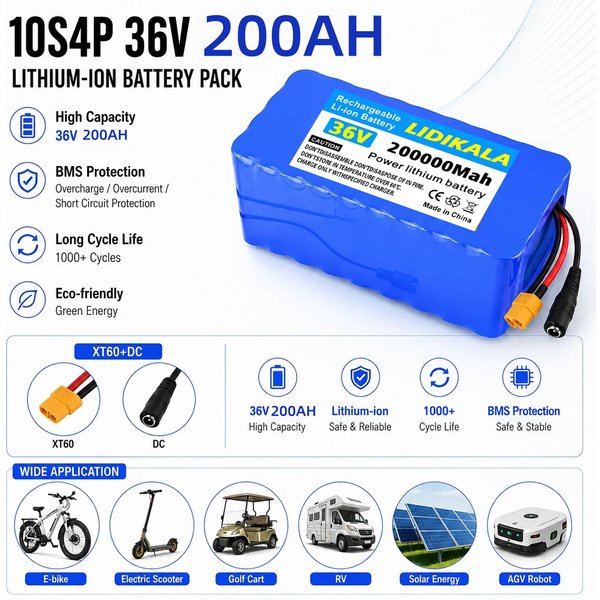 36V 200Ah 200000mAh 10S4P Lithium-Batteriepack mit eingebautem BMS und Ladegerät für E-Bike, Roller, Wohnmobil, Boot, Solaranlage, EU-Steuerbefreiung