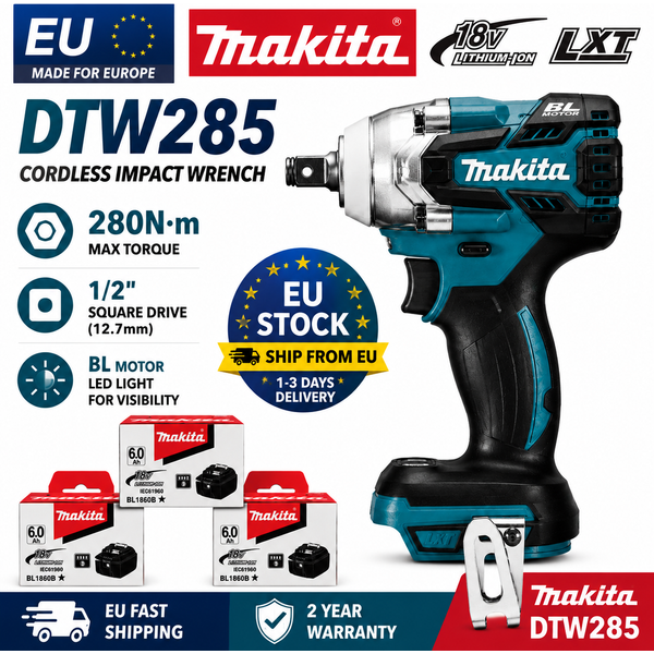 Original Makita DTW285Z Bürstenloser Akku-Schlagschrauber 18V LXT mit 6,0Ah Akku-Ladegerät EU-Lager