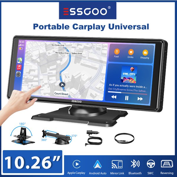 ESSGOO 10,26 Zoll tragbare Wireless CarPlay Universalhalterung für Wohnmobile, LKWs, Autoradios, Touchscreen, GPS, NAV, WIFI, Android Auto, BT, FM