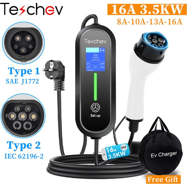 220 V tragbares EV-Ladegerät Typ2 IEC 62196 Elektroauto-Ladegerät 3,5 kW 16 A 1 Phase EVSE Schnellladung Wallbox EV-Ladestation