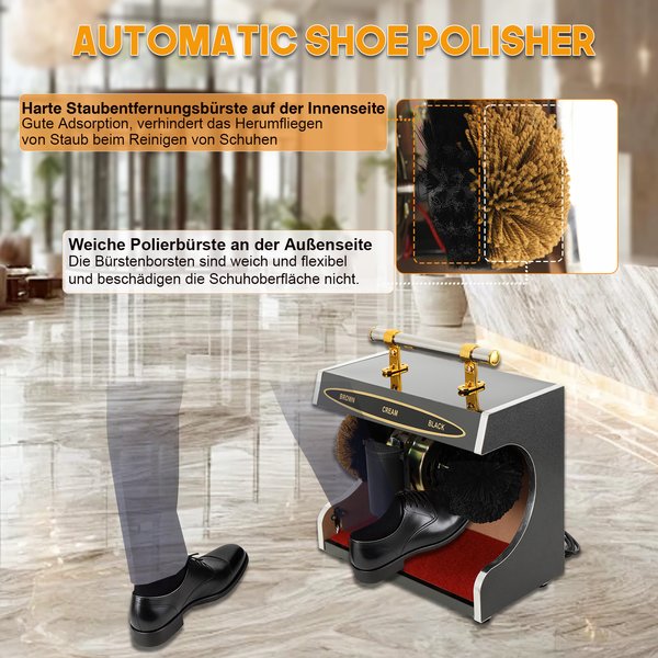 Vollautomatische Schuhpoliermaschine, elektrischer Schuhreiniger und -polierer mit Fußpedal, versteckten Induktionssensoren, abnehmbaren Bürsten und Flanellmatte, leise (unter 60 dB) für Hotels, Büros
