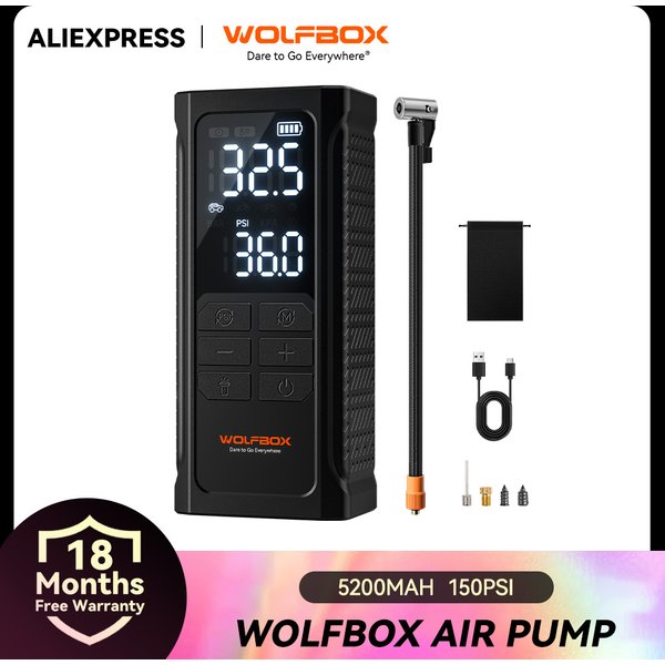 WOLFBOX HF19 Kabelloser Reifenfüller 150PSI 5800mAh Tragbarer Auto-Luftkompressor Luftpumpe für Motorrad Fahrrad Auto Reifen Bälle