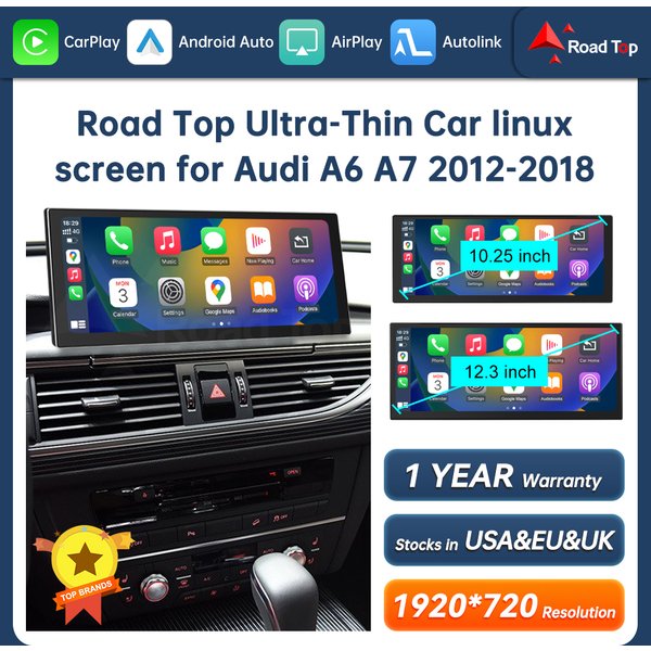 Road Top 10,25 Zoll 12,3'' Ultradünner Touchscreen-Multimedia-Display für Audi A6 A7 3G MMI HN+ RMC MHI2 System 2011-2018 mit Airplay, Wireless Carplay und Android Auto