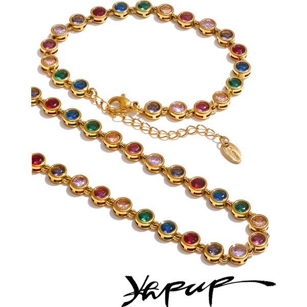 Yhpup Exquisite bunte Zirkonia Luxus Guss Kette Halskette Armband für Frauen Edelstahl wasserdicht Schmuck Geschenk