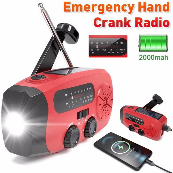 Radio solaire multifonctionnelle à manivelle FM AM WB NOAA, météo, 2000mAh, chargeur USB, lampe de poche LED d'urgence, prise de courant
