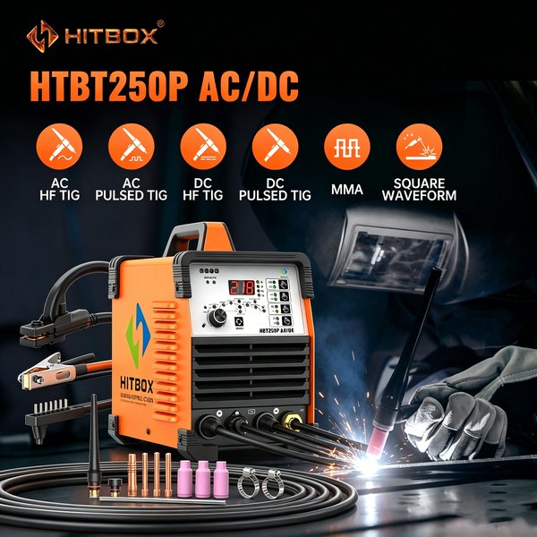 HITBOX HBT250P AC/DC TIG-Schweißgerät mit Puls-IGBT-Inverter, 2T/4T HF TIG MMA ARC-Stabschweißgerät für Aluminium- und Metallschweißen, Multifunktionsschweißgerät