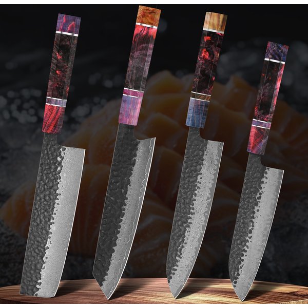 Ensemble de 1 à 4 couteaux de cuisine, forgés à la main, en acier damas à 67 couches, couteau de chef japonais, couteau Santoku, outils de cuisine, solides.