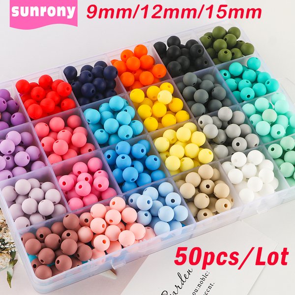 50 pièces/lot de perles rondes en Silicone 9/12/15MM pour la fabrication de bijoux pour fabriquer des Bracelets, bricolage, porte-clés, collier, accessoires de bijouterie
