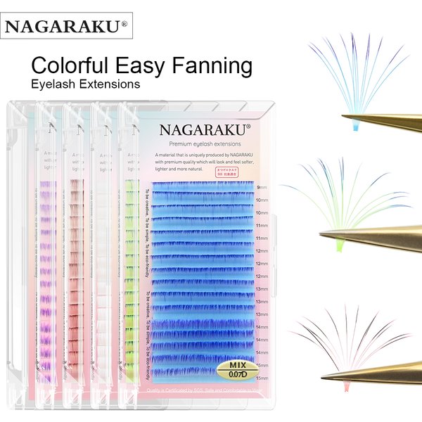 NAGARAKU Farbe Easy Fanning Wimpernverlängerung Auto Fans Wimpern Ombre Blau Rosa Lila Mix 9-15 mm 16 Linien Mega Volume