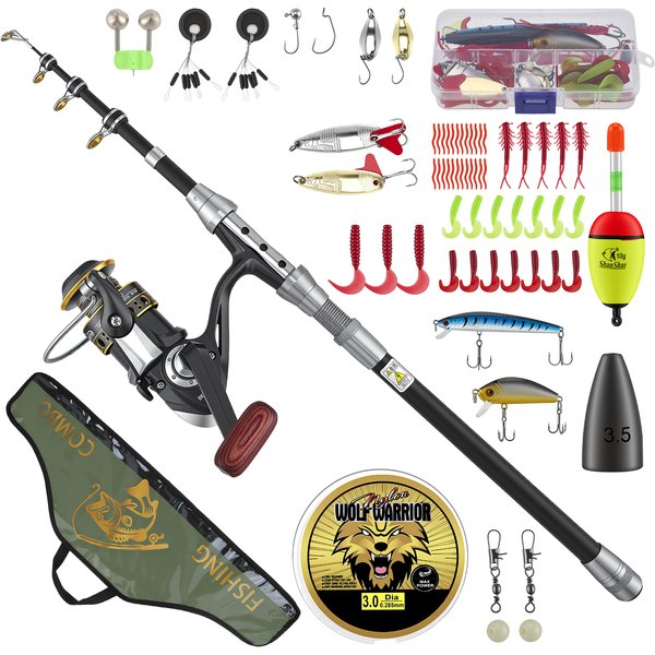 Teleskop-Angelrute 1,8 m und Spinnrolle Kombi-Set, tragbares Angelruten-Kit mit Angelschnur, Angelköder-Set & Zubehör und Tragetasche für Reisen, Surfen, Salzwasser und Süßwasser.