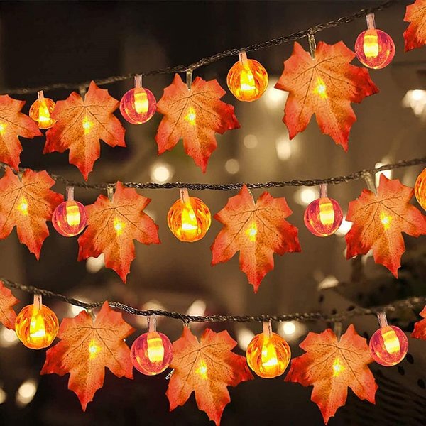 Guirxiété lumineuse LED Halloween avec piles, 62 citrouilles en érable nickel é, décoration de jardin, chambre à coucher, salon, fête festive