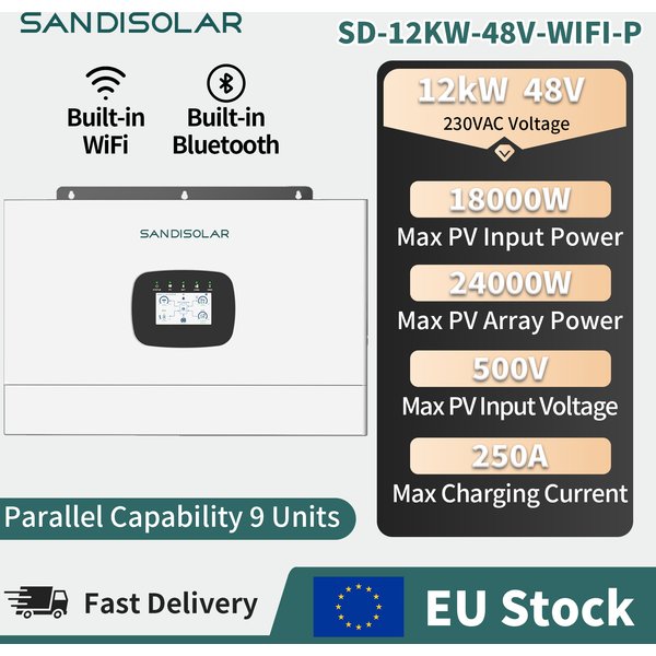 SANDISOLAR 12 kW, 48 V – hybrydowy falownik solarny z czystą sinusoidą do instalacji autonomicznych, 230 V, wbudowane Wi-Fi i Bluetooth, możliwość połączenia równoległego do 9 sztuk – domowy system
