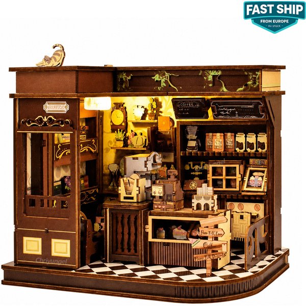 Kit de café DIY avec lumières LED, puzzles en bois 3D, mini maison de poupée, jouet d'assemblage, cadeaux artisanaux pour adultes et adolescents