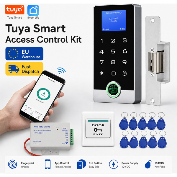 Tuya WiFi Fingerabdruck-Türzugangskontroll-Set, 125 kHz RFID, Passwort-Tastatur, elektrisches Türschloss, ausfallsicher / Stromversorgung zum Öffnen, 12-V-Stromversorgung, Druckknopf zum Öffnen, 10