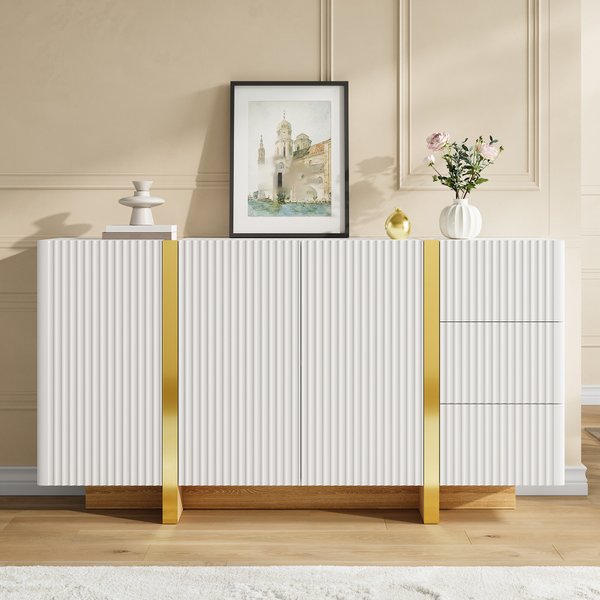 Modern Sideboard Cabinet with Vertically Grooved Front 3 Swing Doors and 3 Drawers Gold Decorative Trim Wood Look Base Soft Close Hinges Storage Cabinet for Entrance Dining Room Living Room Home