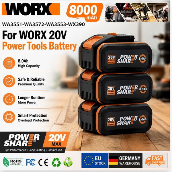 Worx Original 20V 8000mAh Lithium-Akku, wiederaufladbar, WA3553 WA3551 WA3553.1 WA3570 für alle WORX Elektro- und Gartenwerkzeuge