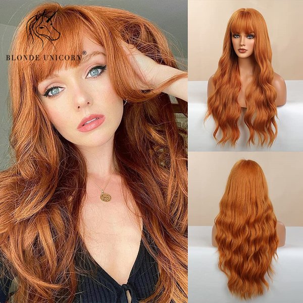 BLONDE EINHORN Synthetische Haar Perücken Lange Wellenförmige Orange mit Pony Für Schwarz Weiß Frauen Hitzebeständige Faser Cosplay Partei Perücke
