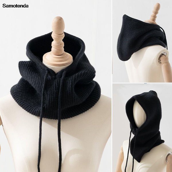2023 unisexe tricoté tête capuche Faux cachemire à capuche col casquette tête cordon épais bonnet hommes femmes réglable élastique chapeau