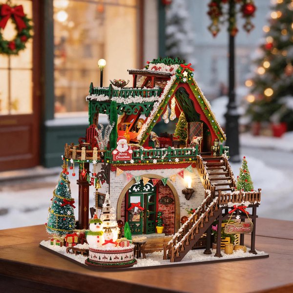 DIY-Bücherregal-Einsatz-Sets, 3D-Holz-Bücherregal-Einsatz-Dekorations-Bücherstützen-Modellbausätze, DIY-Winter-Weihnachts-Hütten-Bücherregal-Set