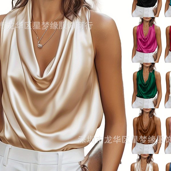 Neues Satin-Hemd für Damen mit plissiertem Stehkragen, elegantes Unterkleidungsstück aus Kunstseide, schlichtes modisches Oberteil für Frauen