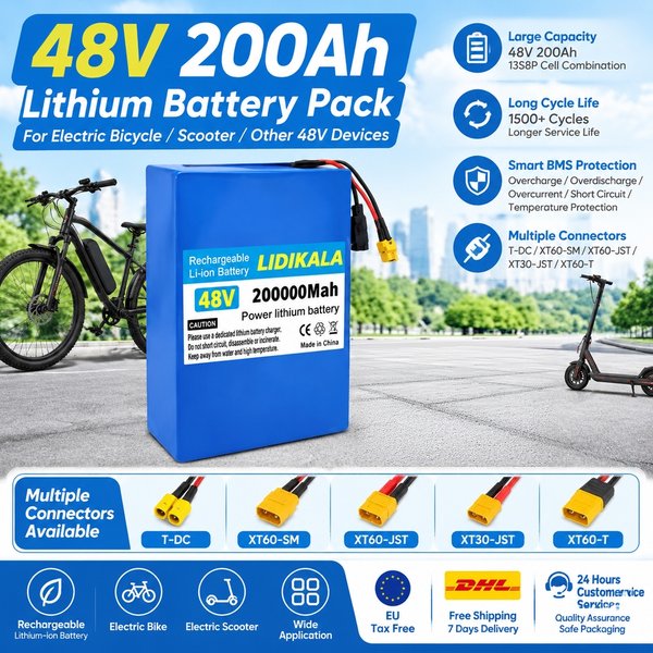 Neue 13S8P 48V 200Ah Lithium-Batterie mit großer Kapazität, 2000W, für Citycoco-Roller, Ersatzbatterie mit integriertem, stabilem 50A-BMS-Schutzschaltkreis (inklusive Ladegerät).